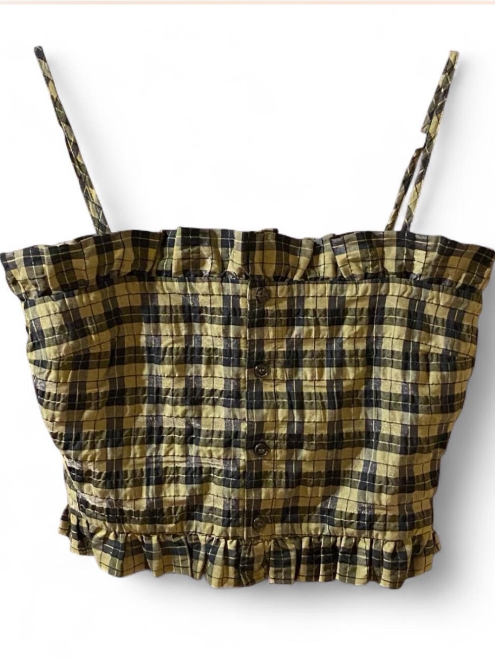 GANNI Yellow Plaid Ruffle Trim Crop Top with Adjustable Spaghetti Straps
